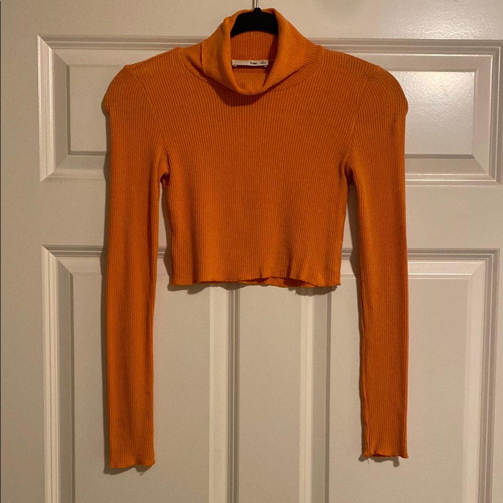 Orange Ribbed Turtleneck Crop Top